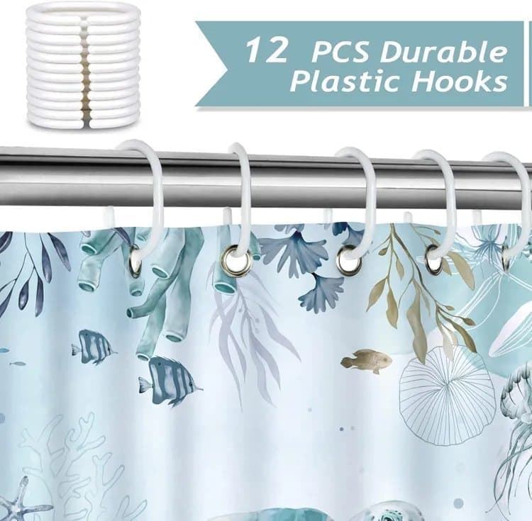 Waterproof Shower Curtain with Sea Turtle and Dolphin Motif, Mildew Resistant, Light Blue, 180x180cm - Image 3