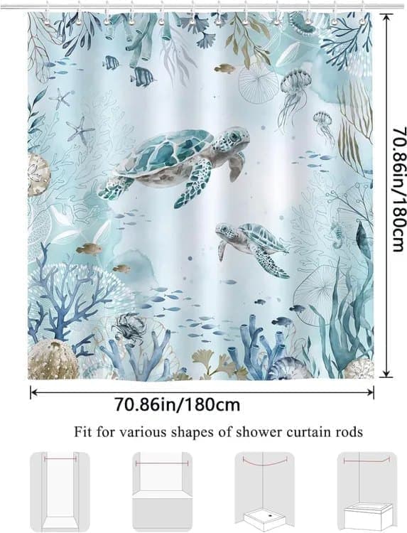 Waterproof Shower Curtain with Sea Turtle and Dolphin Motif, Mildew Resistant, Light Blue, 180x180cm - Image 6