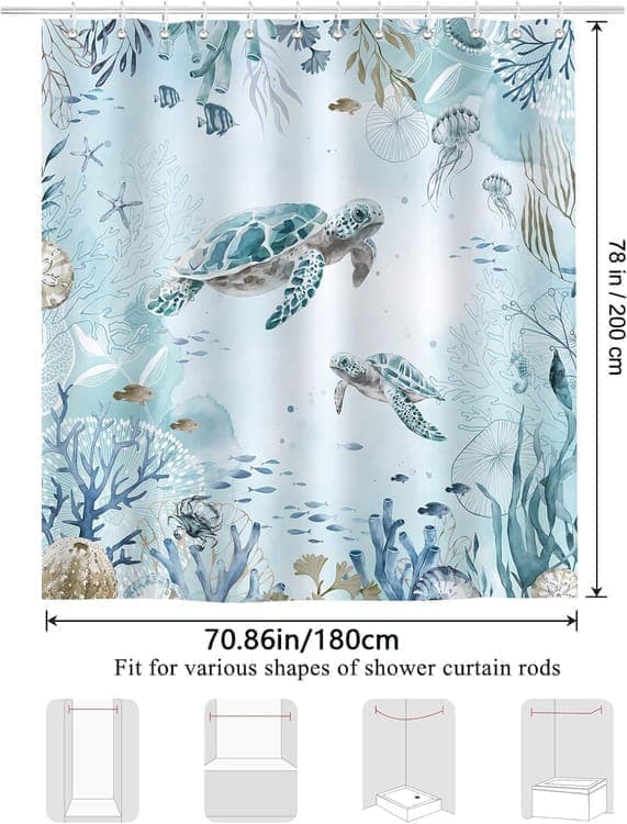 Waterproof Shower Curtain with Sea Turtle and Dolphin Motif, Light Blue, Mildew Resistant, 180x200 cm - Image 6