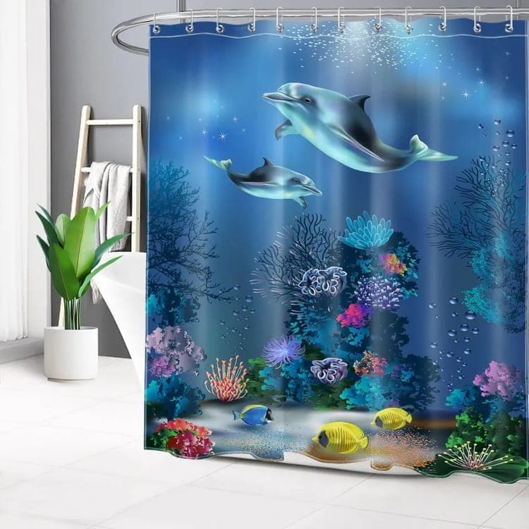 Waterproof Shower Curtain with Sea Turtle and Dolphin Motif, 180x180 cm, Dark Blue, Mildew Resistant - Image 3