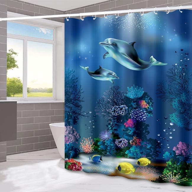 Waterproof Shower Curtain with Sea Turtle and Dolphin Motif, 180x200 cm, Dark Blue, Mildew Resistant - Image 1