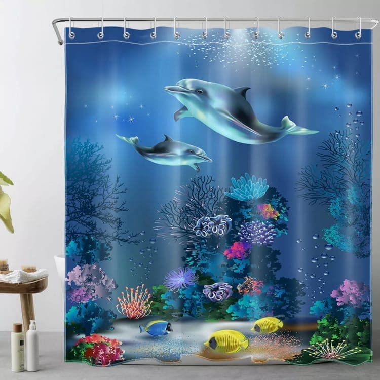 Waterproof Shower Curtain with Sea Turtle and Dolphin Motif, 180x200 cm, Dark Blue, Mildew Resistant - Image 2