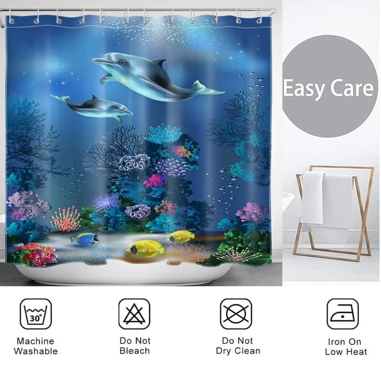 Waterproof Shower Curtain with Sea Turtle and Dolphin Motif, 180x200 cm, Dark Blue, Mildew Resistant - Image 5