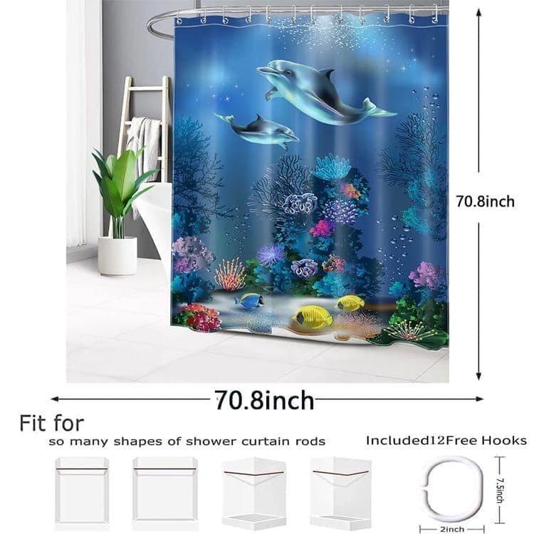 Waterproof Shower Curtain with Sea Turtle and Dolphin Motif, 180x200 cm, Dark Blue, Mildew Resistant - Image 7