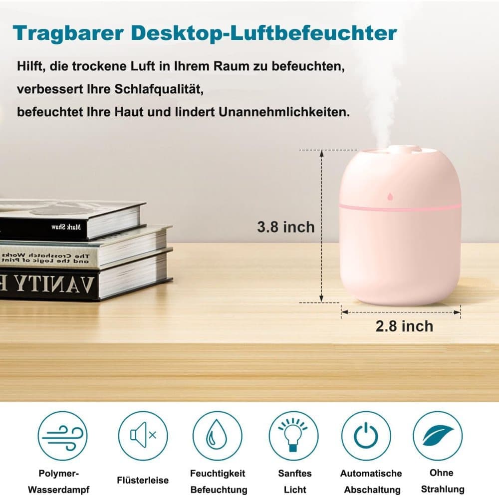 Portable Mini Humidifier 0.22L with USB, Automatic Shutoff, 2 Spray Modes for Bedroom Office and Car, Pink - Image 5