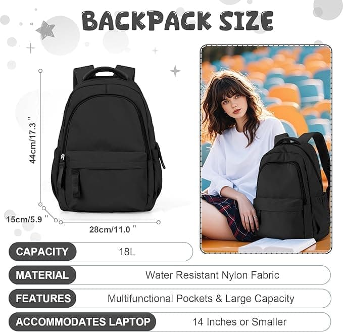 14-inch Waterproof Lightweight Laptop Backpack for School and University, Black - Image 3