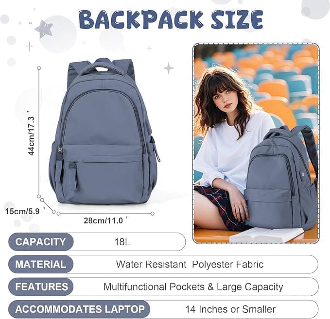 14-inch Laptop Backpack Waterproof Lightweight Daypack for School University, Dark Blue, Compatible with Girls Boys - Image 3