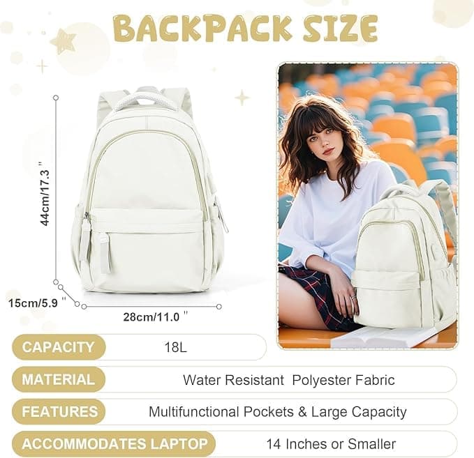 14-inch Laptop Backpack Waterproof Lightweight Daypack for School University, Compatible with Girls Boys, 14-inch, White - Image 3