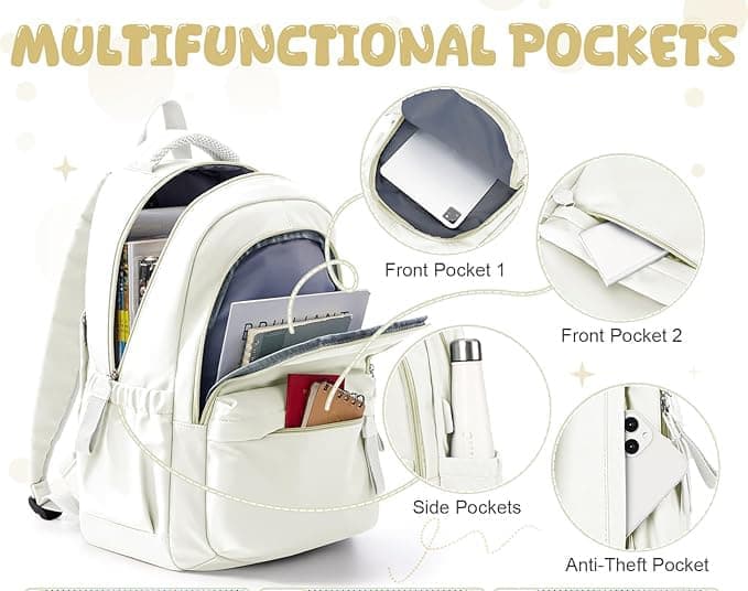 14-inch Laptop Backpack Waterproof Lightweight Daypack for School University, Compatible with Girls Boys, 14-inch, White - Image 4