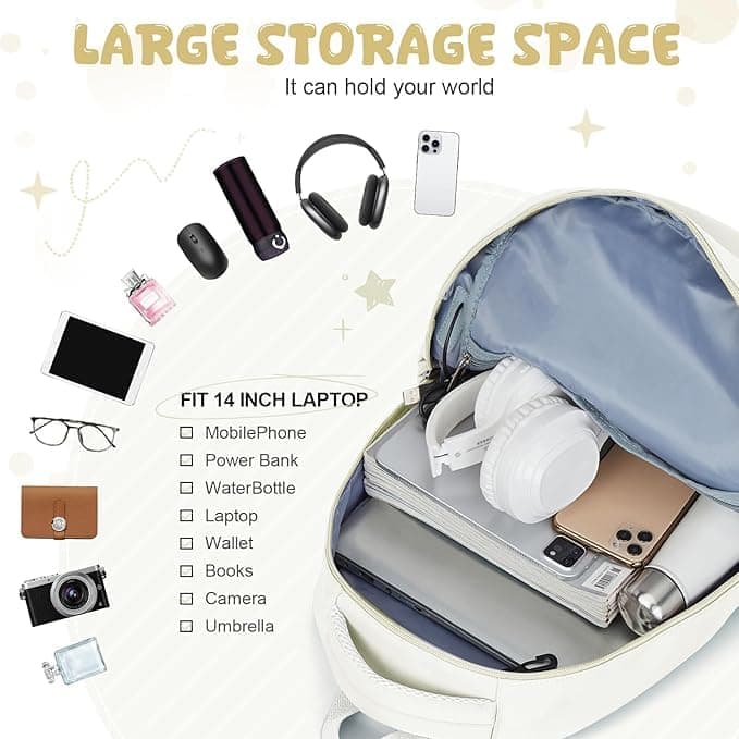 14-inch Laptop Backpack Waterproof Lightweight Daypack for School University, Compatible with Girls Boys, 14-inch, White - Image 5