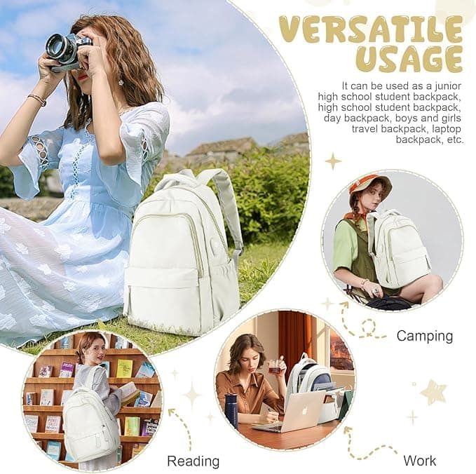 14-inch Laptop Backpack Waterproof Lightweight Daypack for School University, Compatible with Girls Boys, 14-inch, White - Image 6
