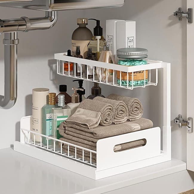 2-Tier White Storage Shelf Spice Rack for Kitchen Bathroom Drawer Organization - Image 1
