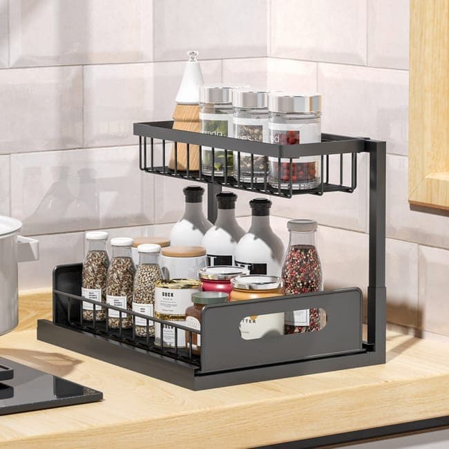 2-Tier Storage Shelf Spice Rack for Kitchen Bathroom Drawer Organization, Black - Image 1