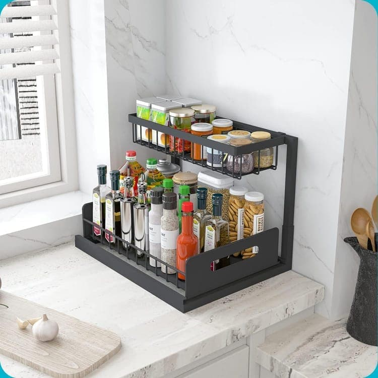2-Tier Storage Shelf Spice Rack for Kitchen Bathroom Drawer Organization, Black - Image 3