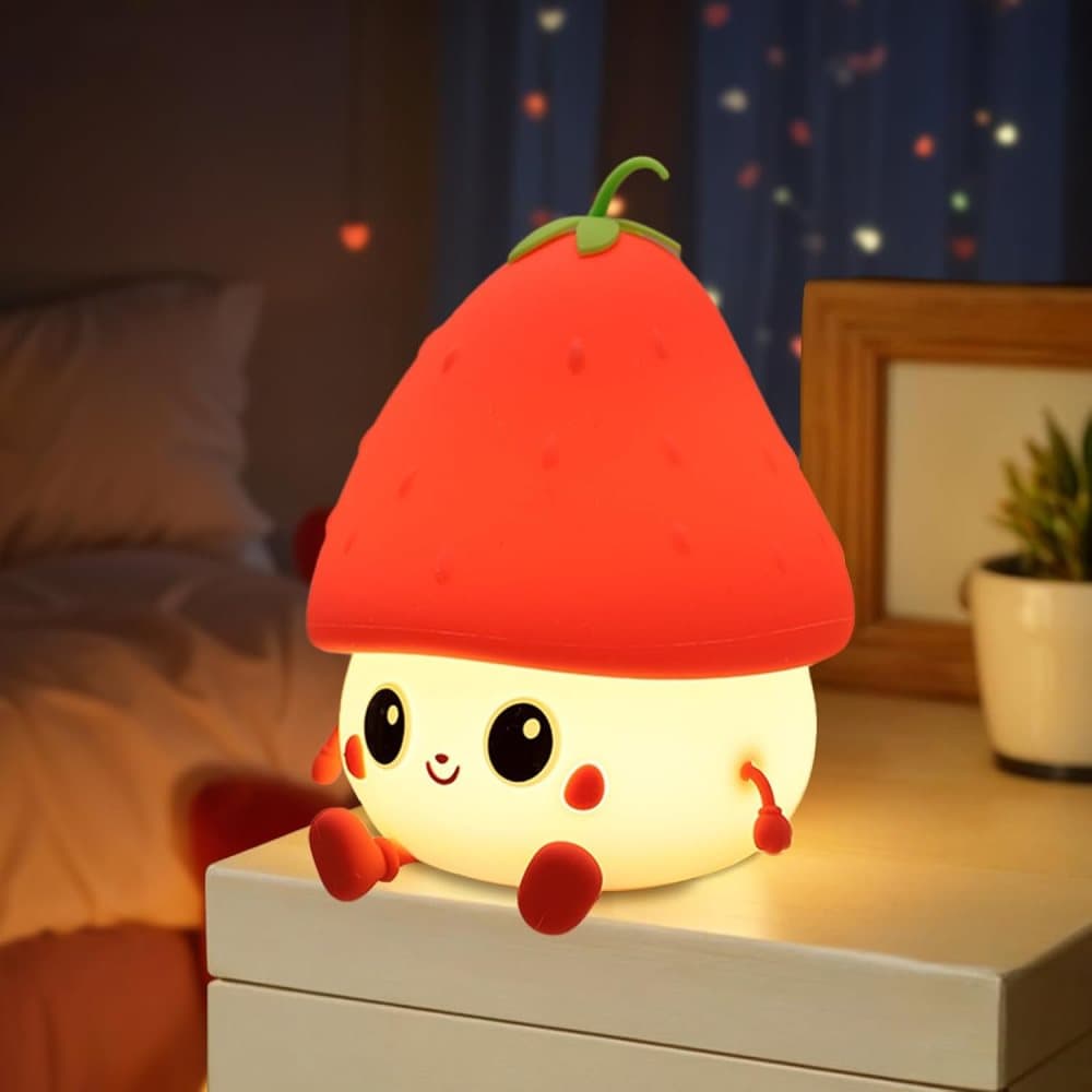 Strawberry LED Night Light USB Rechargeable Dimmable for Kids Baby Girls, Red, Silicone - Image 1
