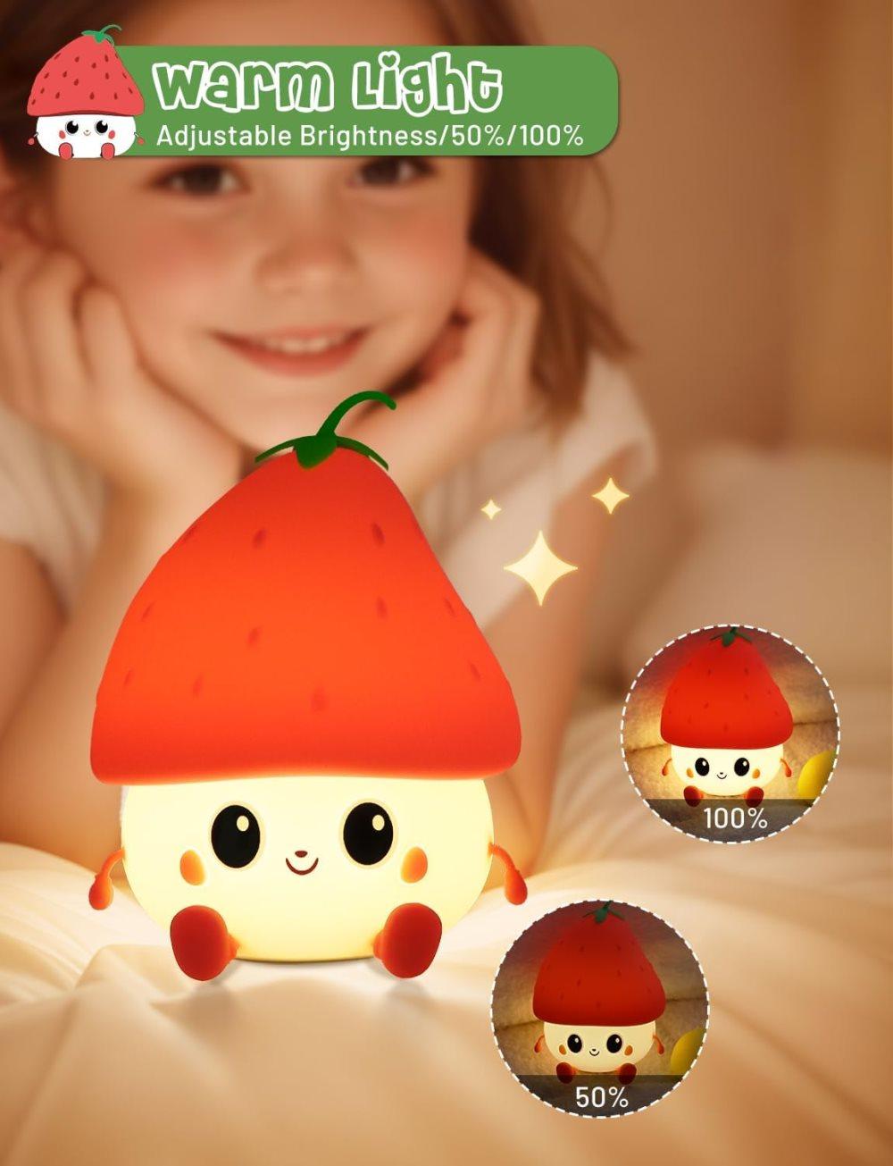 Strawberry LED Night Light USB Rechargeable Dimmable for Kids Baby Girls, Red, Silicone - Image 2