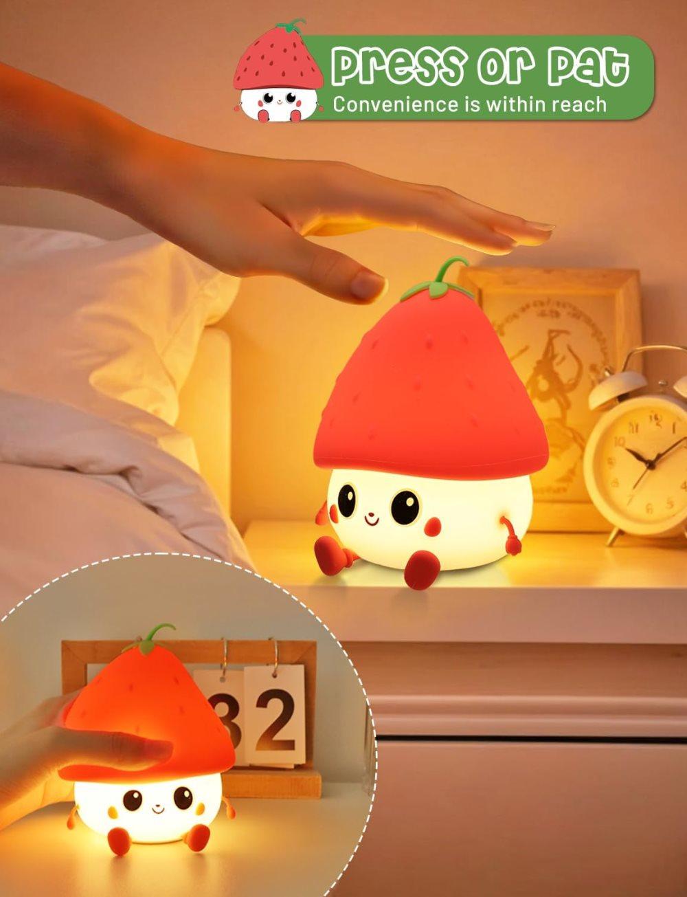 Strawberry LED Night Light USB Rechargeable Dimmable for Kids Baby Girls, Red, Silicone - Image 3