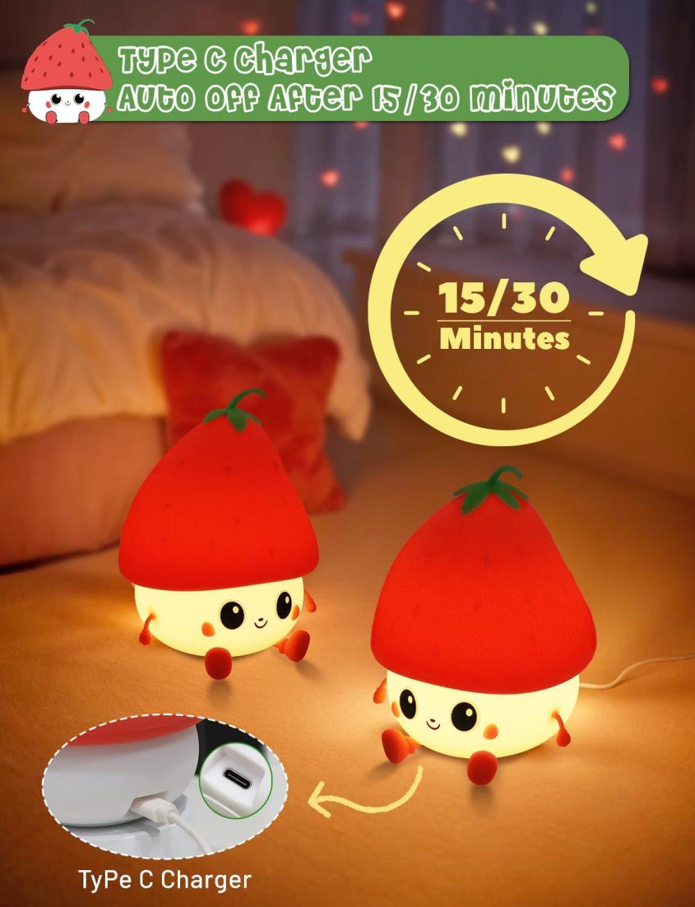 Strawberry LED Night Light USB Rechargeable Dimmable for Kids Baby Girls, Red, Silicone - Image 4