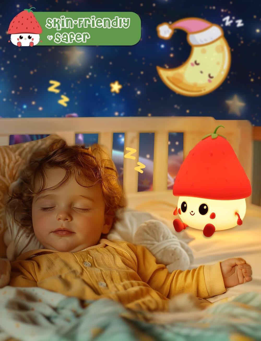 Strawberry LED Night Light USB Rechargeable Dimmable for Kids Baby Girls, Red, Silicone - Image 5