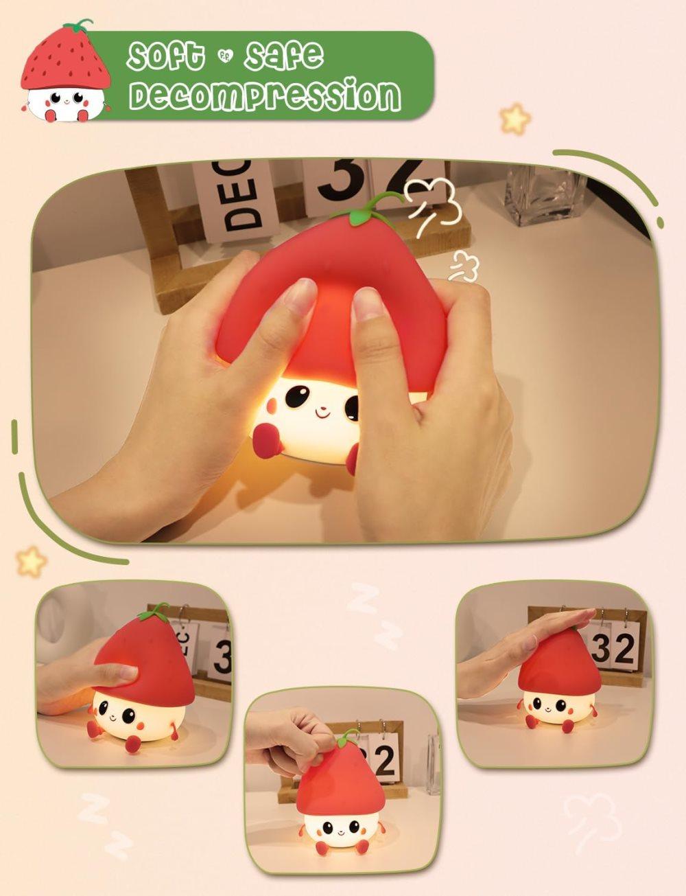 Strawberry LED Night Light USB Rechargeable Dimmable for Kids Baby Girls, Red, Silicone - Image 6