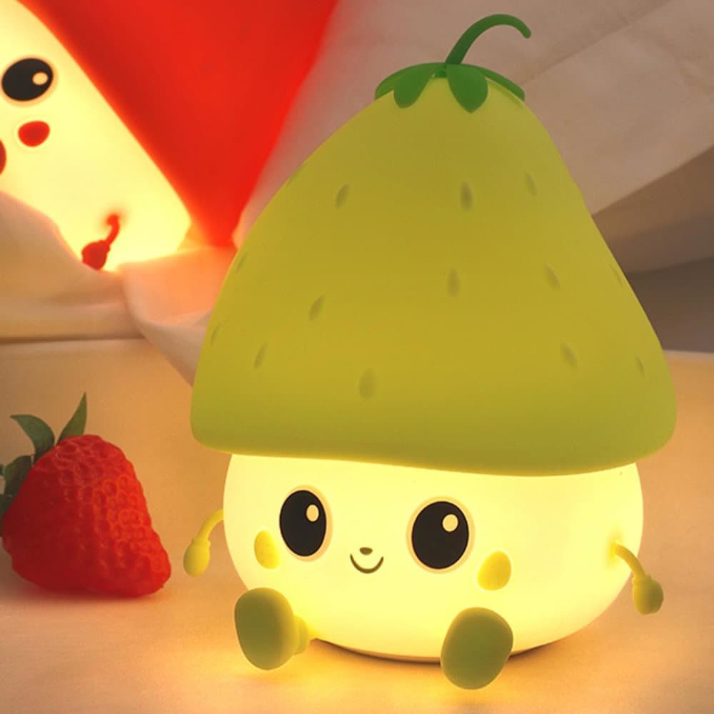 Sweet Strawberry LED Night Light Dimmable USB Rechargeable for Kids, Silicone, Green - Image 1