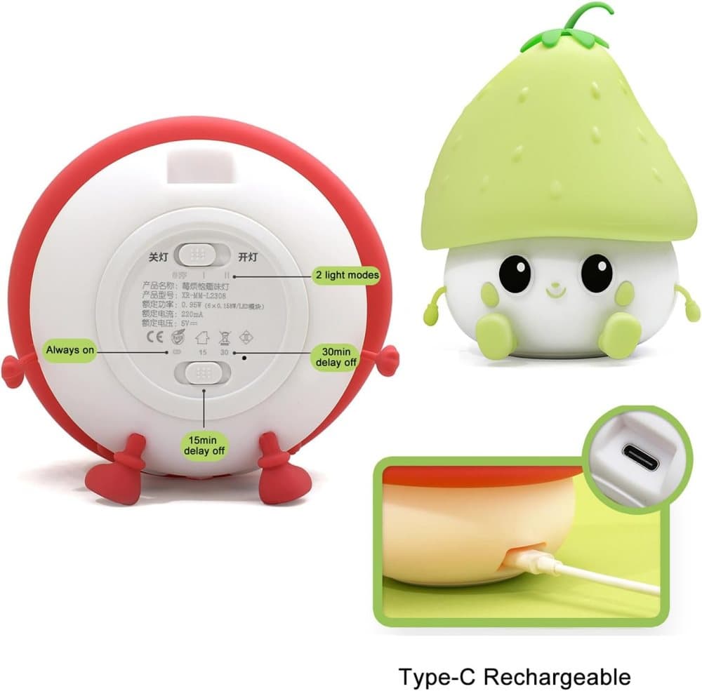 Sweet Strawberry LED Night Light Dimmable USB Rechargeable for Kids, Silicone, Green - Image 7
