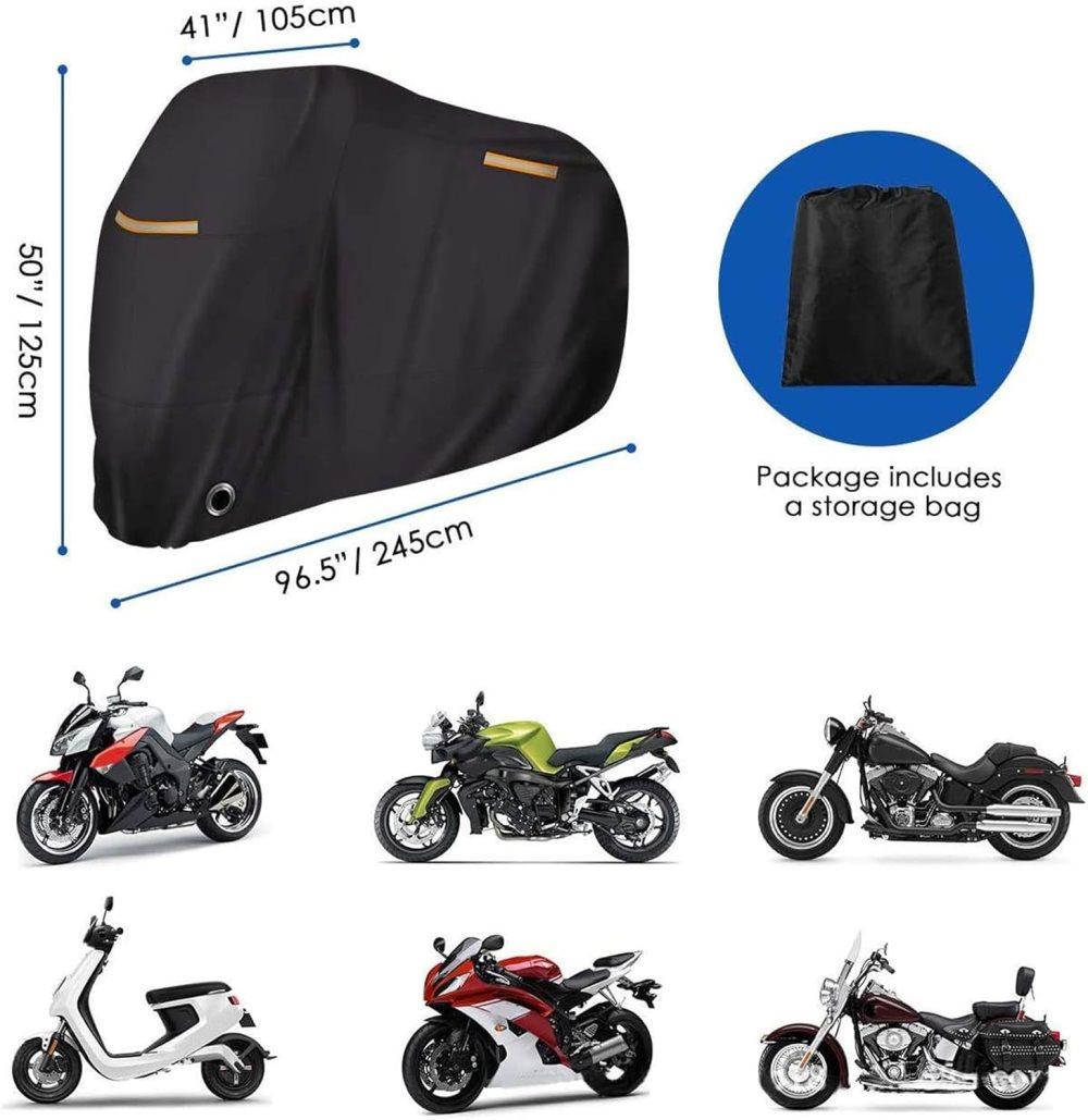 Waterproof Motorcycle Cover with Reflective Strips and Lock Holes, Black, with Storage Bag - Image 4