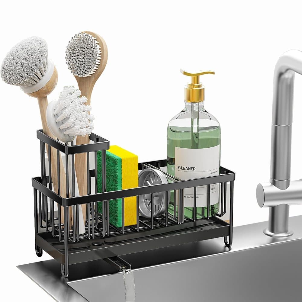 Stainless Steel Sink Rack Drain Rack Organizer Kitchen Storage, compatible with most sinks, Black - Image 1