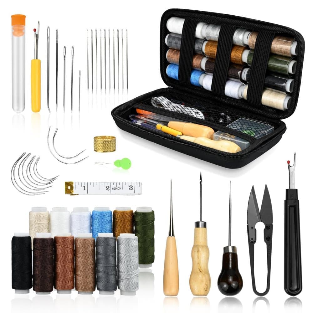 48-Piece Leather Sewing Kit with Needles, Scissors, Measuring Tape, Rivets and 12 Thread Colors - Image 1