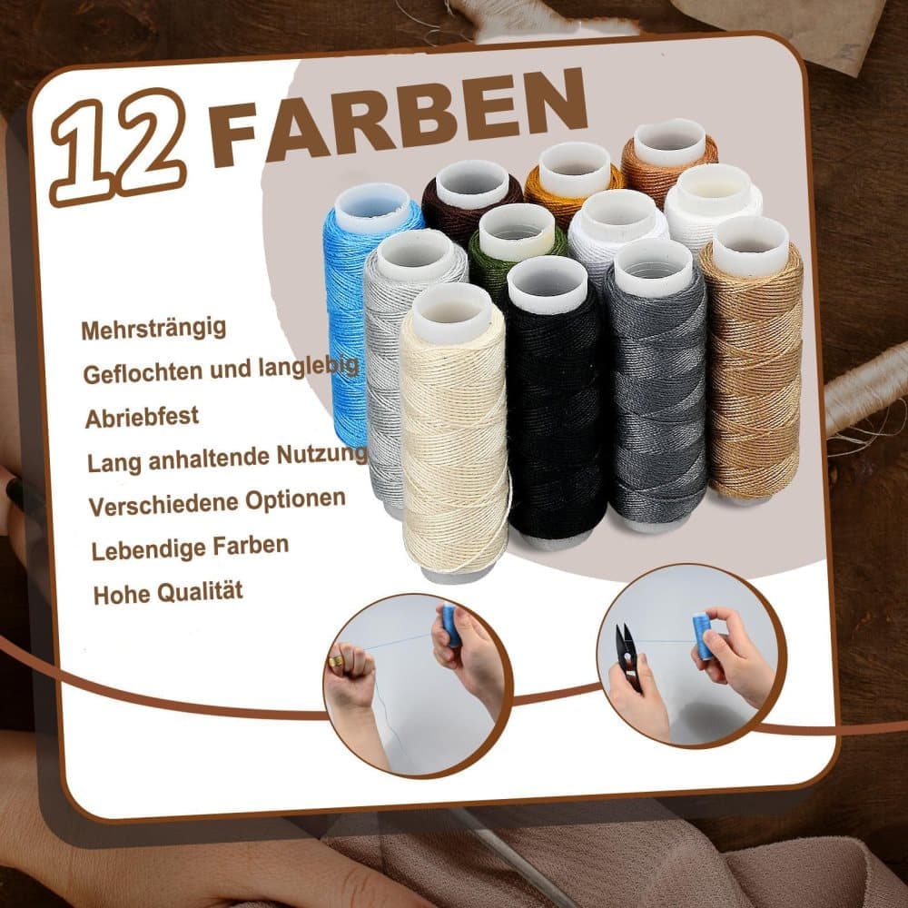 48-Piece Leather Sewing Kit with Needles, Scissors, Measuring Tape, Rivets and 12 Thread Colors - Image 3