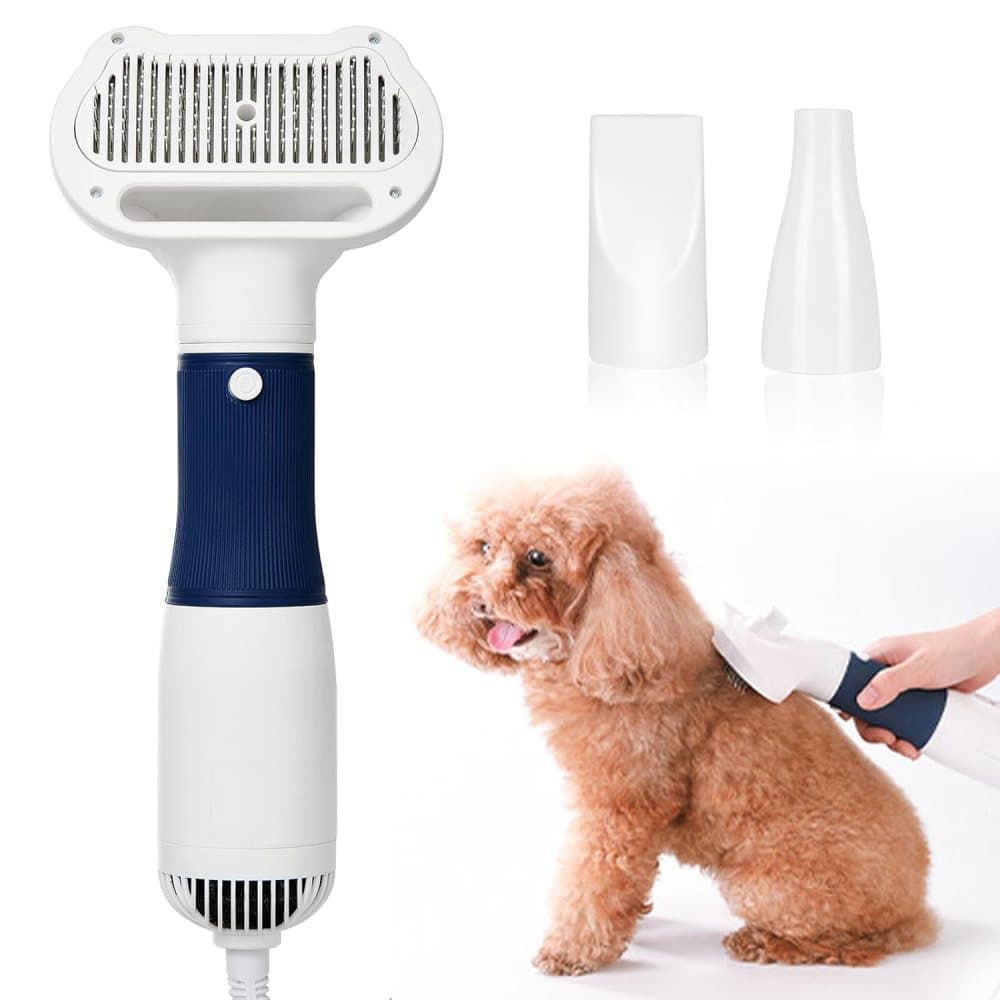 Pet Hair Dryer 3-in-1 with Brush, Portable Quiet Dog Cat Grooming Tool, 3 Heat Settings Overheat Protection, Blue - Image 1