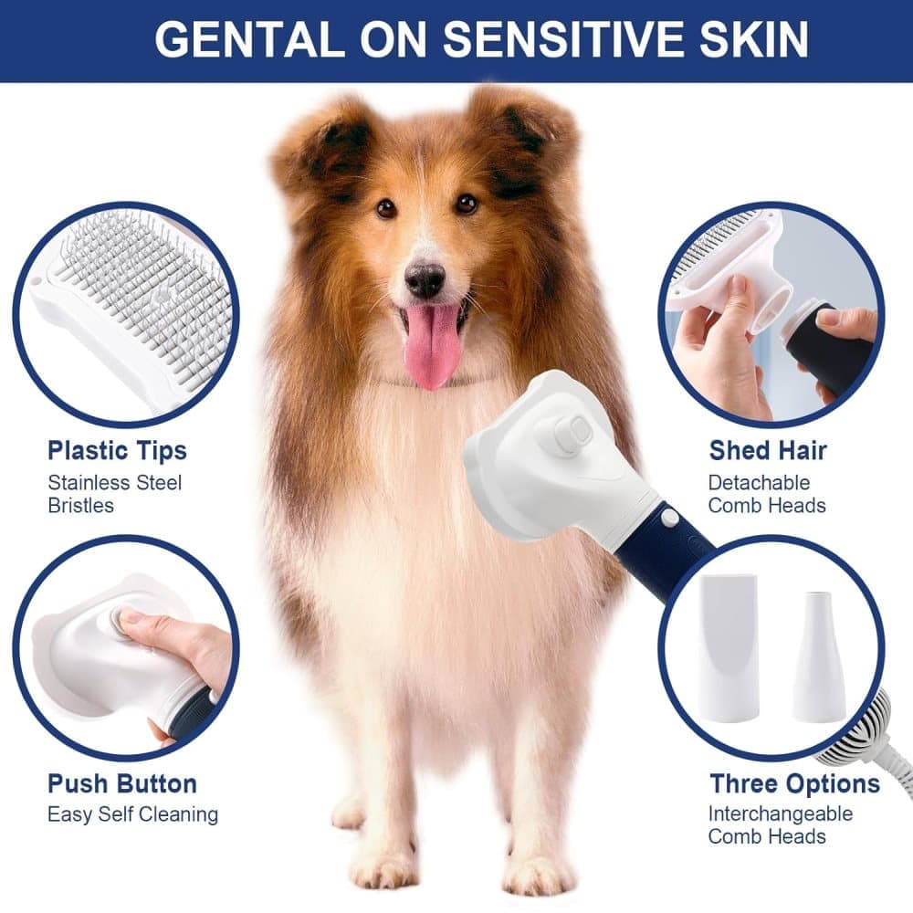 Pet Hair Dryer 3-in-1 with Brush, Portable Quiet Dog Cat Grooming Tool, 3 Heat Settings Overheat Protection, Blue - Image 3