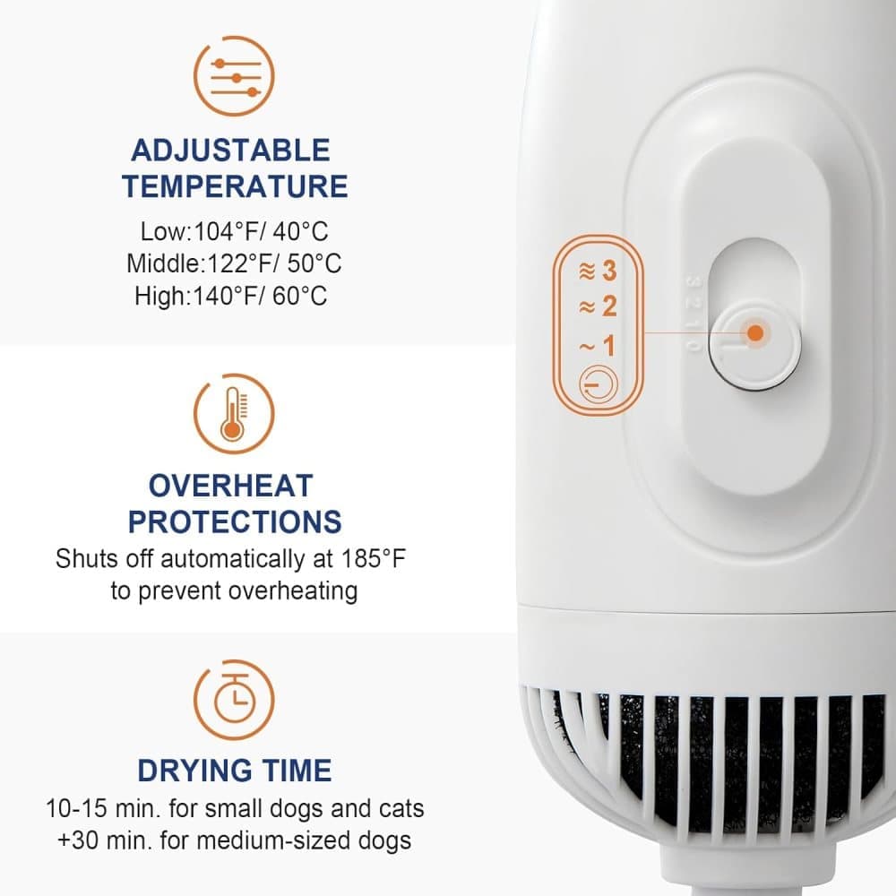 Pet Hair Dryer 3-in-1 with Brush, Portable Quiet Dog Cat Grooming Tool, 3 Heat Settings Overheat Protection, Blue - Image 4