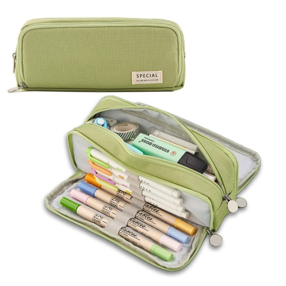 3 Compartments Large Pencil Case, High Capacity Multifunctional, Green - Image 1