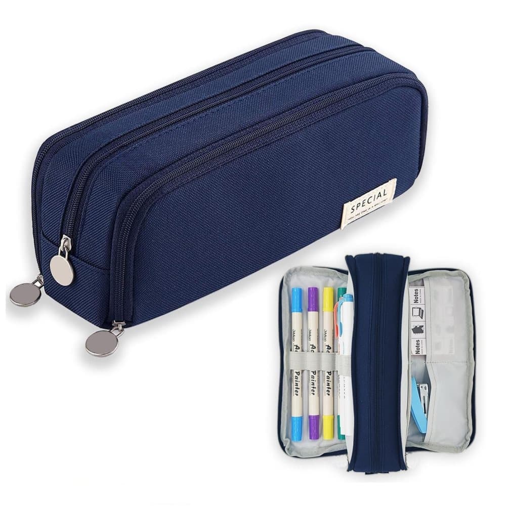3 Compartments Large Pencil Case, High Capacity Multifunctional Organizer, Dark Blue - Image 1
