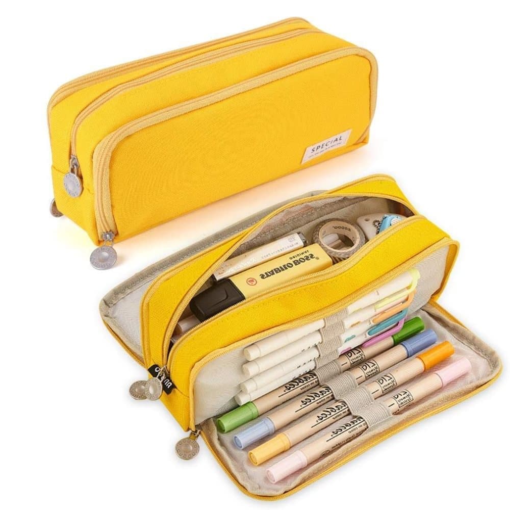 Yellow Large Pencil Case with 3 Compartments, High Capacity Storage Organizer - Image 1