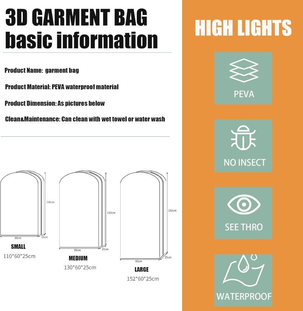 3-Pack Transparent Dustproof Garment Storage Bags with Zipper for Wardrobe, PEVA, 60 x 25 x 130cm - Image 5