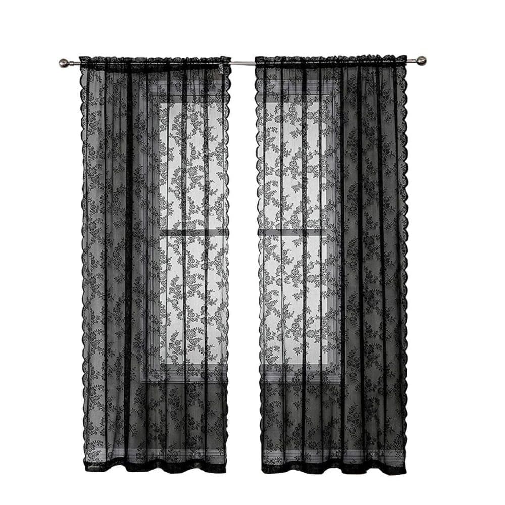 1 Pair Black Lace Curtain Semi-sheer Vintage Floral Pattern for Bedroom Living Room, W100cm x L140cm - Image 1