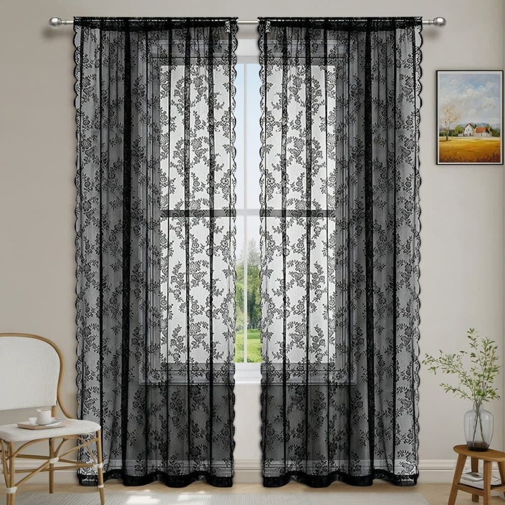 1 Pair Black Lace Curtain Semi-sheer Vintage Floral Pattern for Bedroom Living Room, W100cm x L140cm - Image 2
