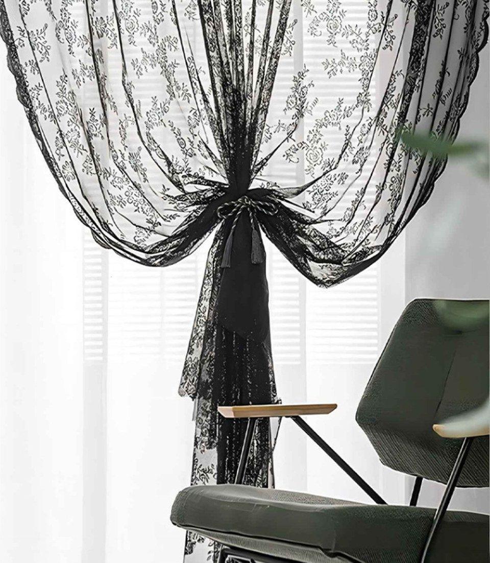 1 Pair Black Lace Curtain Semi-sheer Vintage Floral Pattern for Bedroom Living Room, W100cm x L140cm - Image 3