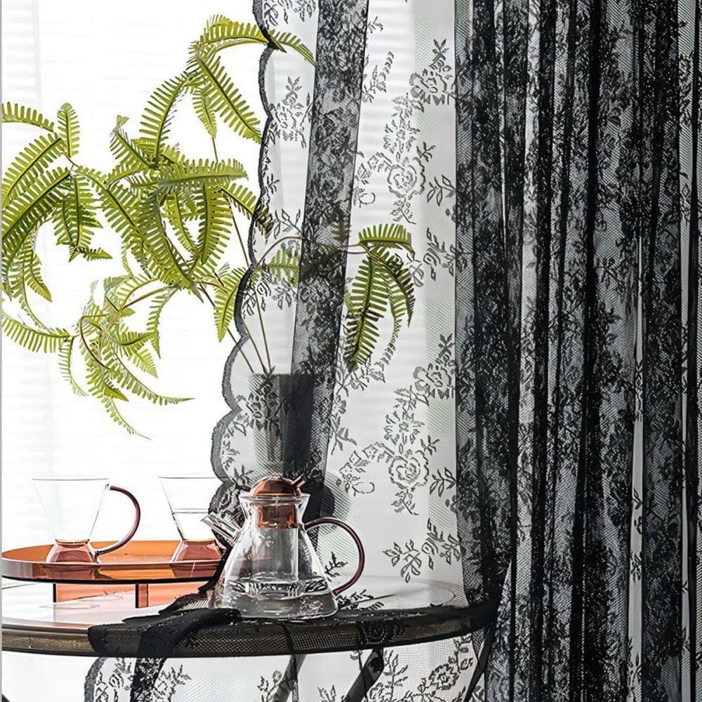 1 Pair Black Lace Curtain Semi-sheer Vintage Floral Pattern for Bedroom Living Room, W100cm x L140cm - Image 4