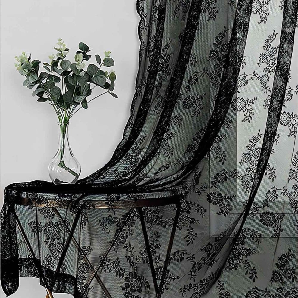 1 Pair Black Lace Curtain Semi-sheer Vintage Floral Pattern for Bedroom Living Room, W100cm x L200cm - Image 5
