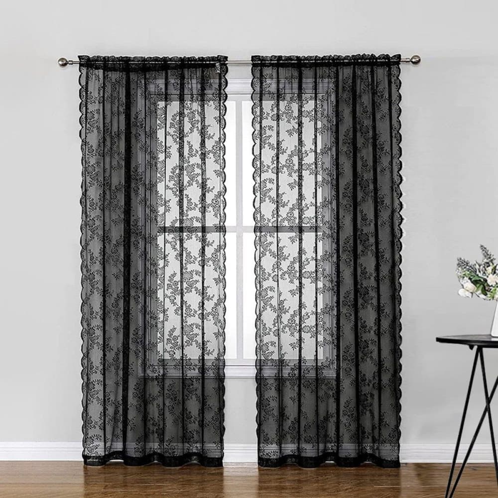 1 Pair Black Lace Curtain Semi-sheer Vintage Floral Pattern for Bedroom Living Room, W100cm x L200cm - Image 7