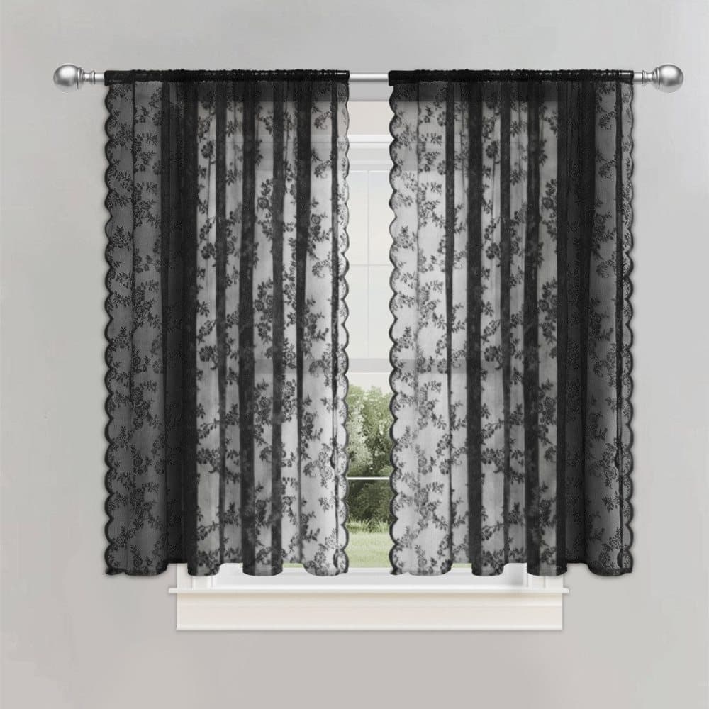 1 Pair Black Lace Curtain Semi-sheer Vintage Floral Pattern for Bedroom Living Room, W100cm x L200cm - Image 8