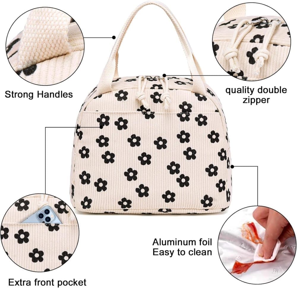 Insulated Corduroy Lunch Bag Cooler Leak-proof for Picnics and Work, 26cm - Image 5