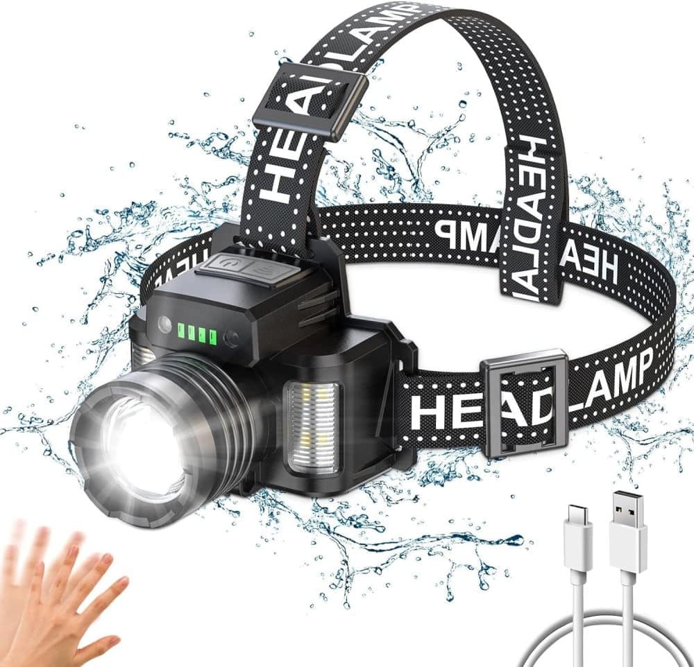 18000lm LED Headlamp USB Rechargeable Waterproof with Motion Sensor, Black - Image 1