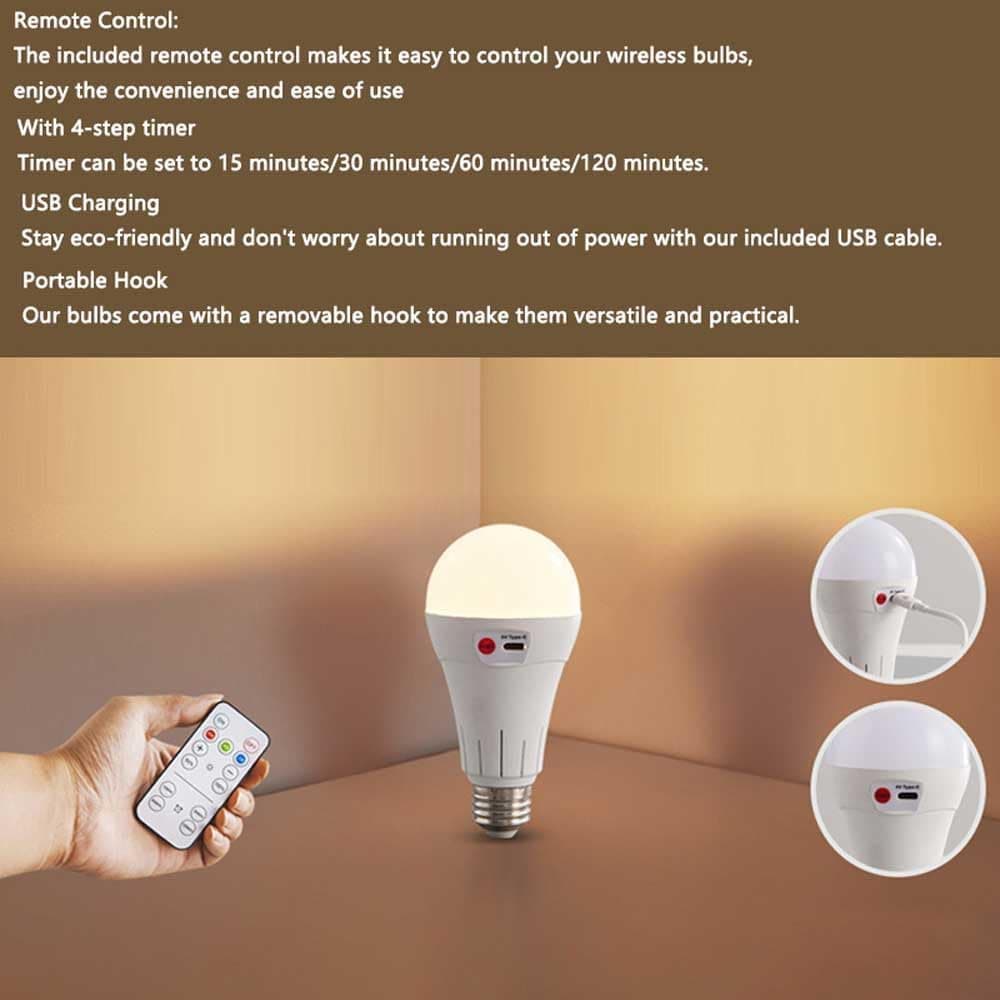 Rechargeable LED Bulb with 3 Color Temperatures 3000-6500K, Dimmable, Timer and Remote Control, E27 Lamp Holder, Wireless Night Light - Image 4