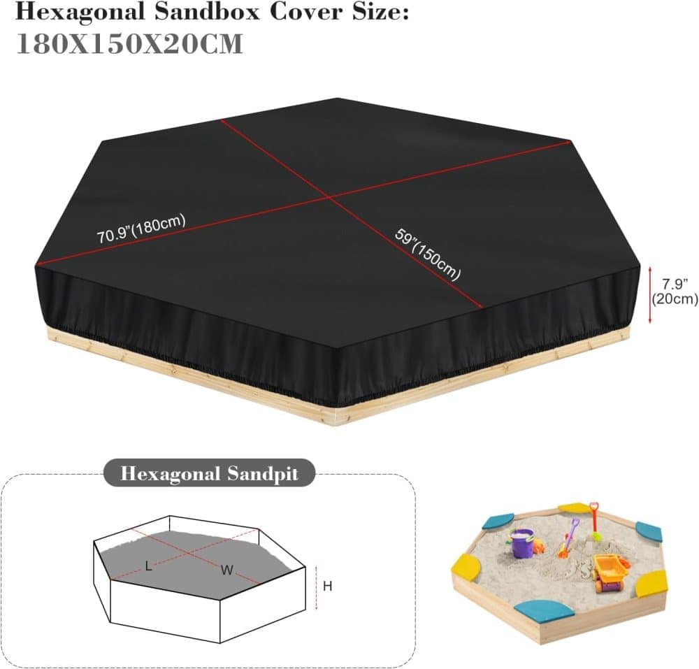 Hexagonal waterproof sandbox cover with drawstring, Oxford fabric, black, 180x150x20 cm - Image 2