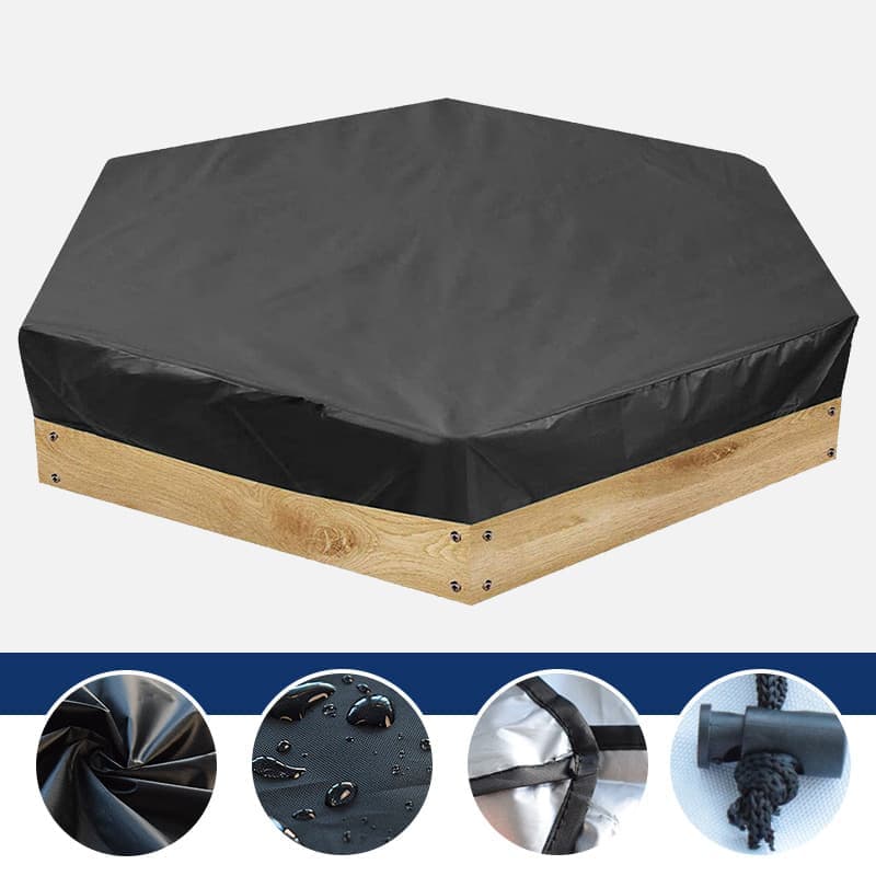 Hexagonal waterproof sandbox cover with drawstring, Oxford fabric, black, 180x150x20 cm - Image 3