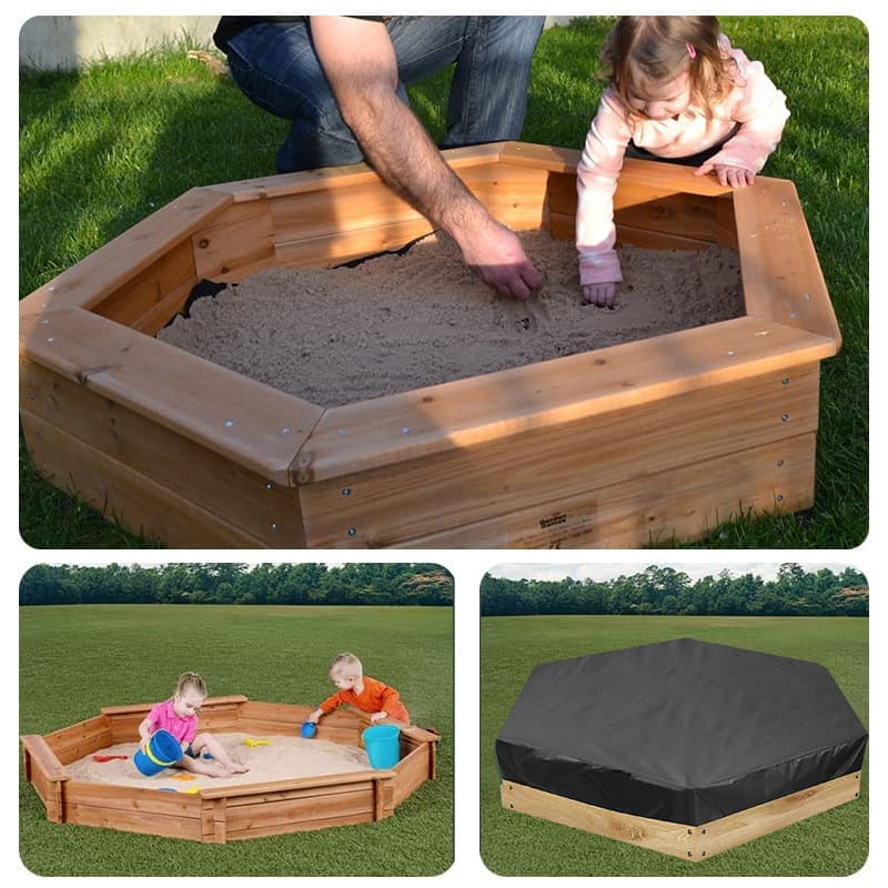Hexagonal waterproof sandbox cover with drawstring, Oxford fabric, black, 180x150x20 cm - Image 6